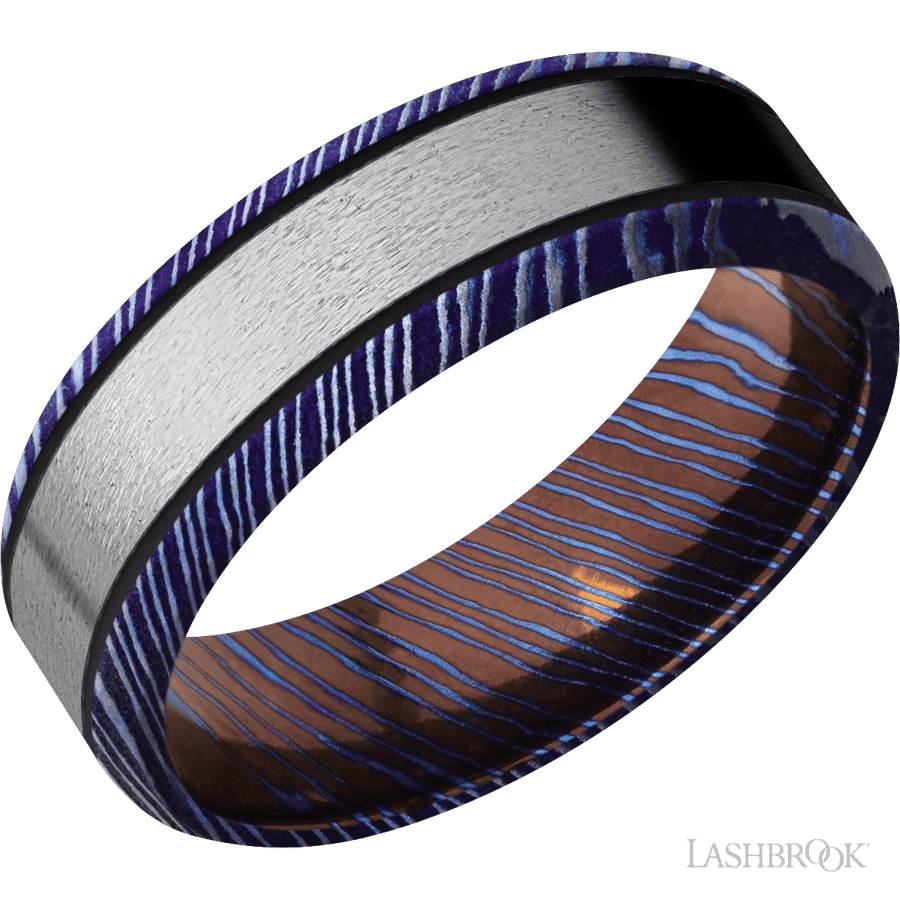 7 mm wide/Beveled/Titanium Damascus band with one 4 mm Centered inlay of Titanium.