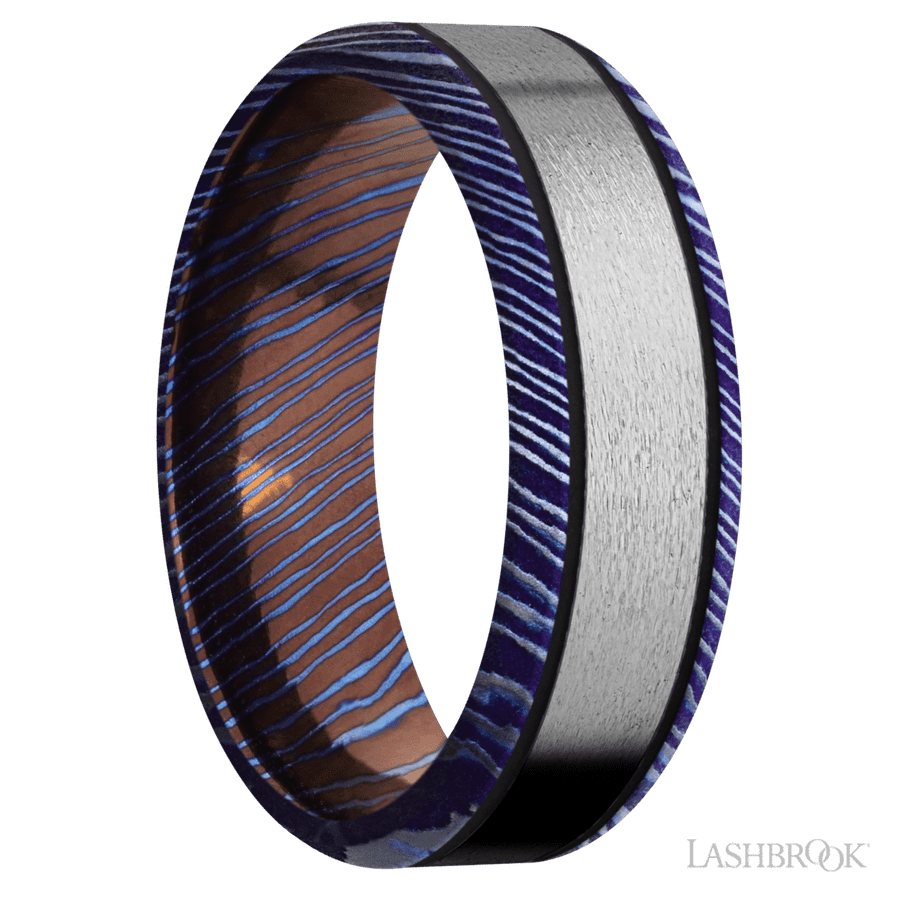 7 mm wide/Beveled/Titanium Damascus band with one 4 mm Centered inlay of Titanium.