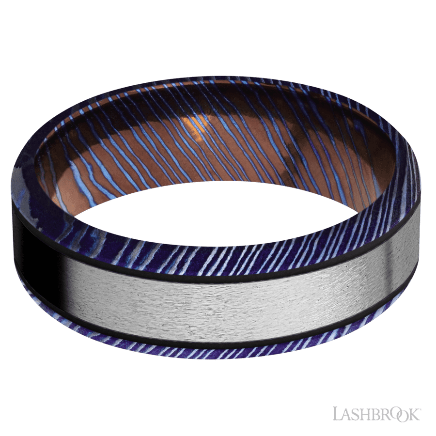7 mm wide/Beveled/Titanium Damascus band with one 4 mm Centered inlay of Titanium.