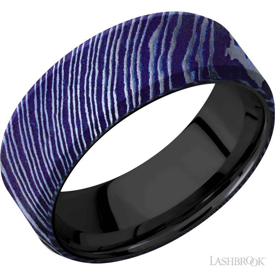 8 mm wide Beveled Titanium Damascus band featuring a Zirconium sleeve.