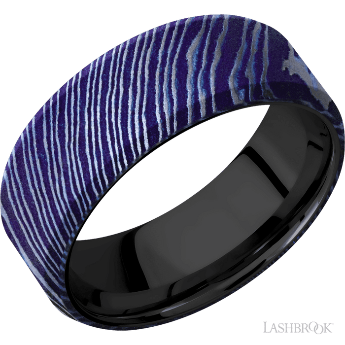 8 mm wide Beveled Titanium Damascus band featuring a Zirconium sleeve.
