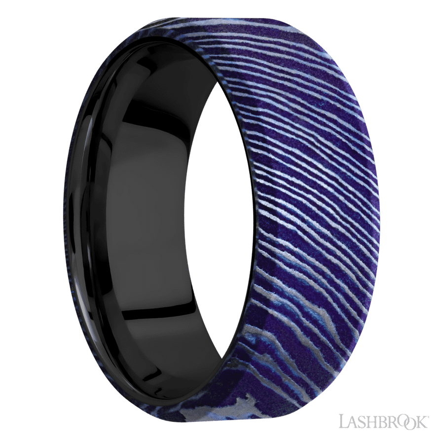8 mm wide Beveled Titanium Damascus band featuring a Zirconium sleeve.