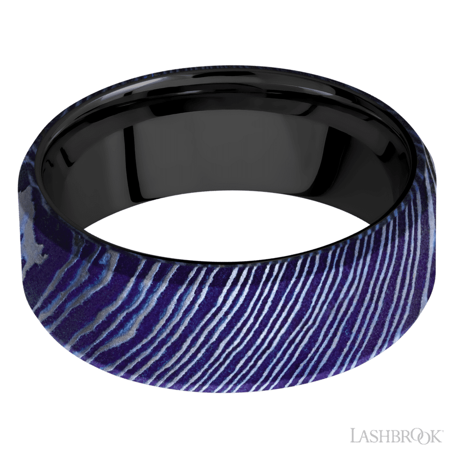 8 mm wide Beveled Titanium Damascus band featuring a Zirconium sleeve.
