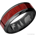 8 mm wide/High Bevel/Zirconium band with one 4 mm Centered inlay of Blood Wood.