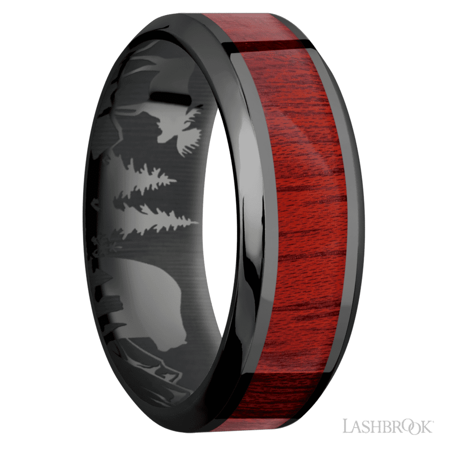 8 mm wide/High Bevel/Zirconium band with one 4 mm Centered inlay of Blood Wood.