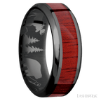 8 mm wide/High Bevel/Zirconium band with one 4 mm Centered inlay of Blood Wood.