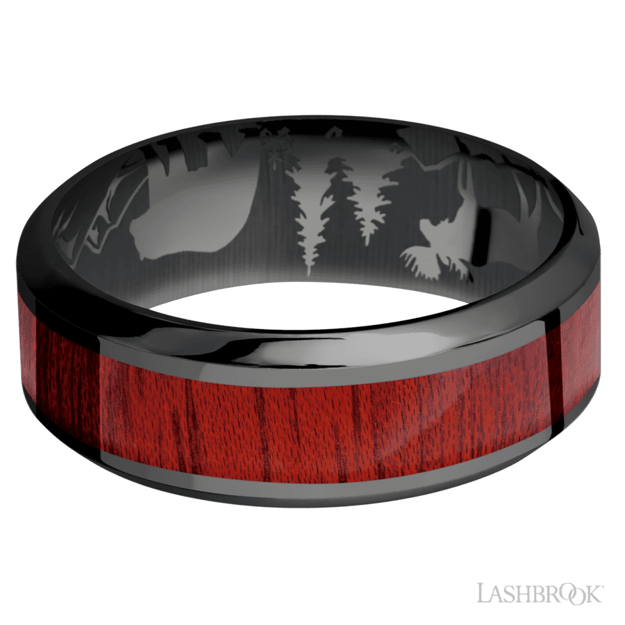 8 mm wide/High Bevel/Zirconium band with one 4 mm Centered inlay of Blood Wood.