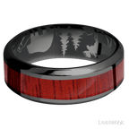 8 mm wide/High Bevel/Zirconium band with one 4 mm Centered inlay of Blood Wood.