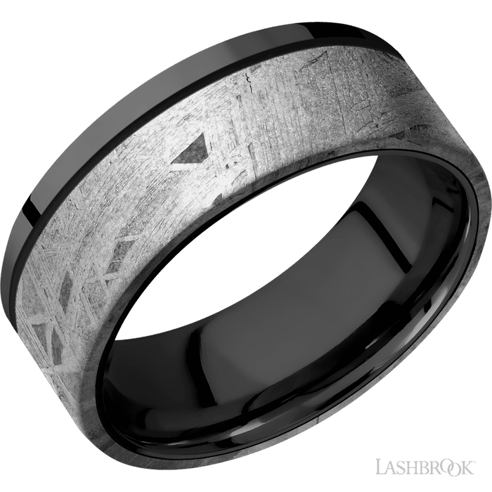 8 mm wide/Flat/Zirconium band with one 6 mm Off Center Edge inlay of Meteorite.