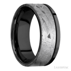 8 mm wide/Flat/Zirconium band with one 6 mm Off Center Edge inlay of Meteorite.
