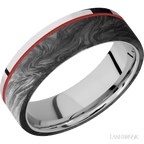 7 mm wide/Flat/Cobalt Chrome band with one 5 mm Off Center Edge inlay of Forged Carbon Fiber.