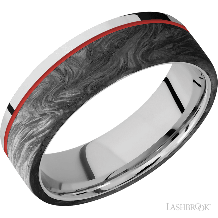 7 mm wide/Flat/Cobalt Chrome band with one 5 mm Off Center Edge inlay of Forged Carbon Fiber.