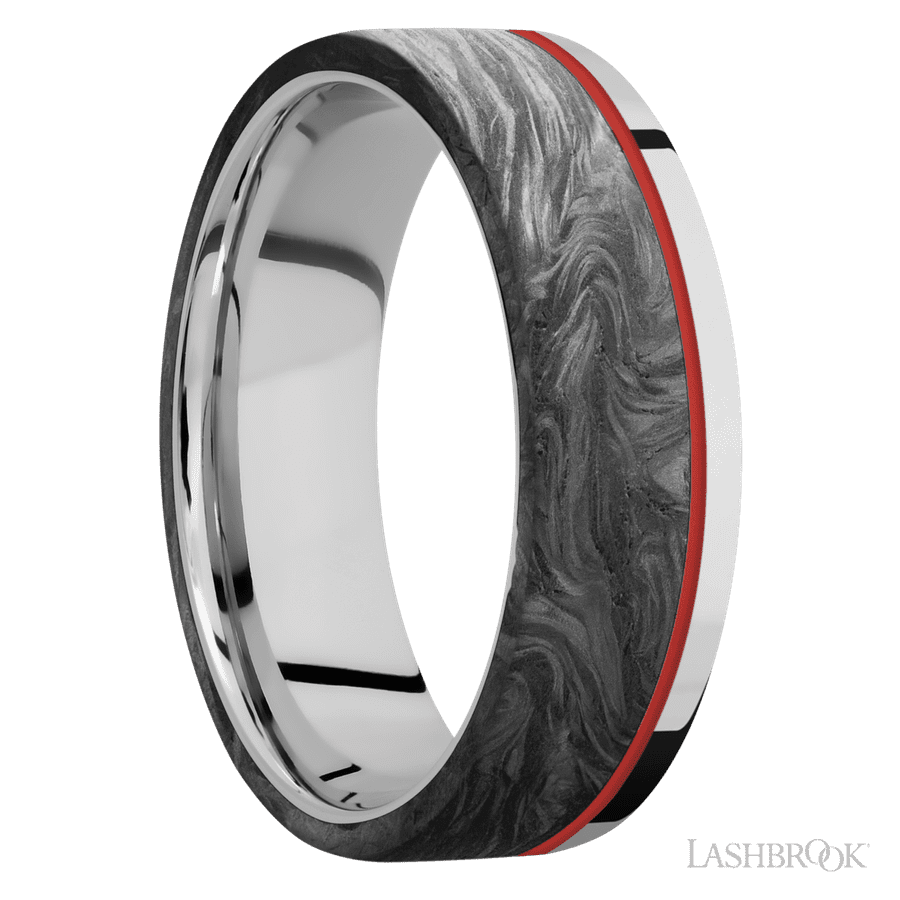 7 mm wide/Flat/Cobalt Chrome band with one 5 mm Off Center Edge inlay of Forged Carbon Fiber.