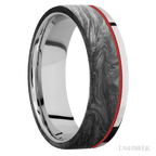 7 mm wide/Flat/Cobalt Chrome band with one 5 mm Off Center Edge inlay of Forged Carbon Fiber.