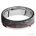 7 mm wide/Flat/Cobalt Chrome band with one 5 mm Off Center Edge inlay of Forged Carbon Fiber.