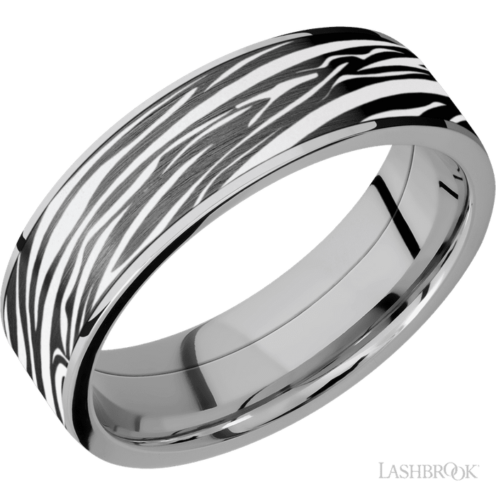 7 mm wide/Flat/Titanium band with one 6 mm Centered inlay of Zirconium with a laser carved Zebra pattern.
