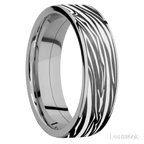 7 mm wide/Flat/Titanium band with one 6 mm Centered inlay of Zirconium with a laser carved Zebra pattern.