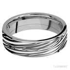 7 mm wide/Flat/Titanium band with one 6 mm Centered inlay of Zirconium with a laser carved Zebra pattern.