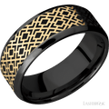8 mm wide/Beveled/Zirconium band with one 6 mm Centered inlay of 14K Yellow Gold with a laser carved Trellis 2 pattern.