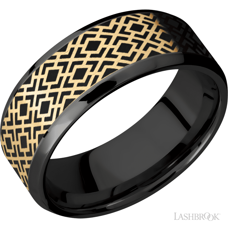 8 mm wide/Beveled/Zirconium band with one 6 mm Centered inlay of 14K Yellow Gold with a laser carved Trellis 2 pattern.