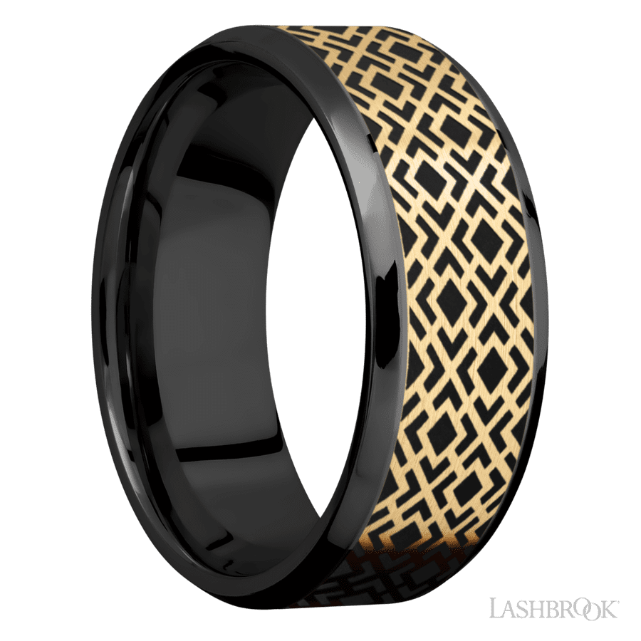 8 mm wide/Beveled/Zirconium band with one 6 mm Centered inlay of 14K Yellow Gold with a laser carved Trellis 2 pattern.