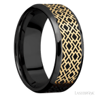 8 mm wide/Beveled/Zirconium band with one 6 mm Centered inlay of 14K Yellow Gold with a laser carved Trellis 2 pattern.