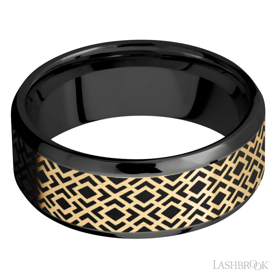 8 mm wide/Beveled/Zirconium band with one 6 mm Centered inlay of 14K Yellow Gold with a laser carved Trellis 2 pattern.