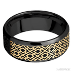 8 mm wide/Beveled/Zirconium band with one 6 mm Centered inlay of 14K Yellow Gold with a laser carved Trellis 2 pattern.