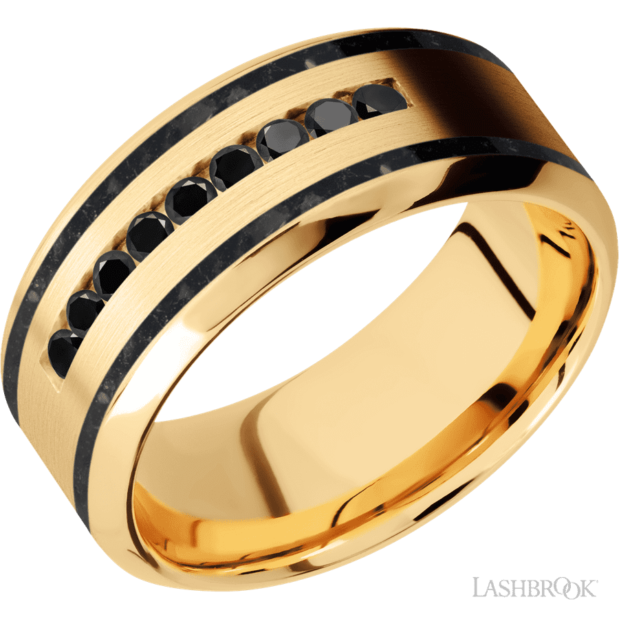 "9 mm wide/High Bevel/14K Yellow Gold band with  two 1 mm Wide inlays of Black Onyx and featuring an  arrangement of 9, .03 carat Round Black Diamond stones in a Channel setting"