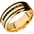 "9 mm wide/High Bevel/14K Yellow Gold band with  two 1 mm Wide inlays of Black Onyx and featuring an  arrangement of 9, .03 carat Round Black Diamond stones in a Channel setting"