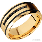 "9 mm wide/High Bevel/14K Yellow Gold band with  two 1 mm Wide inlays of Black Onyx and featuring an  arrangement of 9, .03 carat Round Black Diamond stones in a Channel setting"