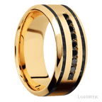 "9 mm wide/High Bevel/14K Yellow Gold band with  two 1 mm Wide inlays of Black Onyx and featuring an  arrangement of 9, .03 carat Round Black Diamond stones in a Channel setting"