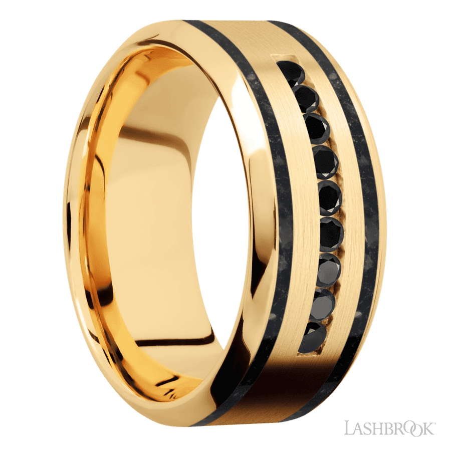 "9 mm wide/High Bevel/14K Yellow Gold band with  two 1 mm Wide inlays of Black Onyx and featuring an  arrangement of 9, .03 carat Round Black Diamond stones in a Channel setting"