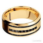 "9 mm wide/High Bevel/14K Yellow Gold band with  two 1 mm Wide inlays of Black Onyx and featuring an  arrangement of 9, .03 carat Round Black Diamond stones in a Channel setting"