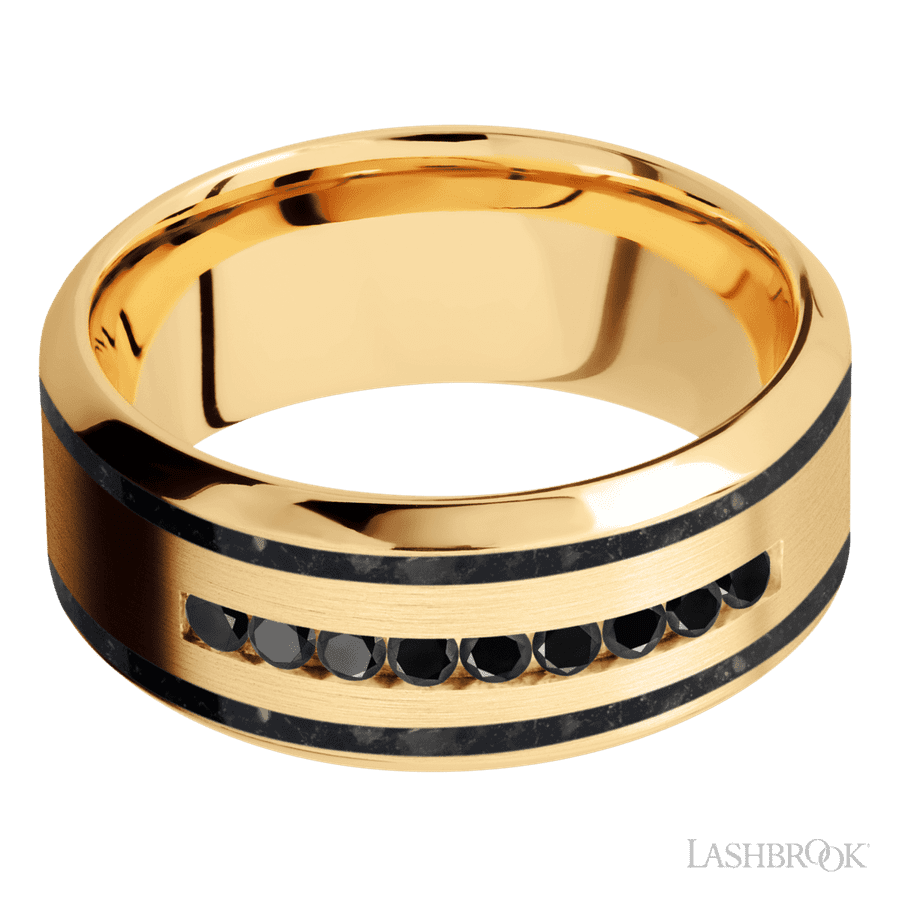 "9 mm wide/High Bevel/14K Yellow Gold band with  two 1 mm Wide inlays of Black Onyx and featuring an  arrangement of 9, .03 carat Round Black Diamond stones in a Channel setting"