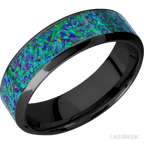 7 mm wide/High Bevel/Zirconium band with one 4 mm Centered inlay of Green Opal.