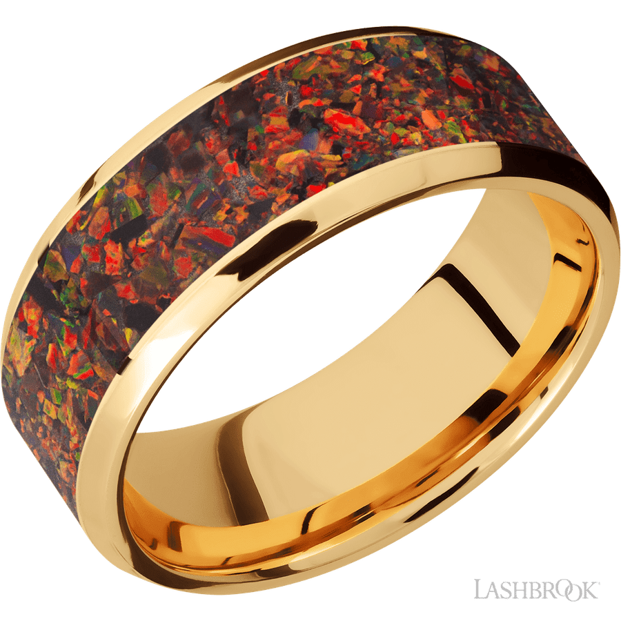 8 mm wide/Beveled/14K Yellow Gold band with one 6 mm Centered inlay of Red Opal.