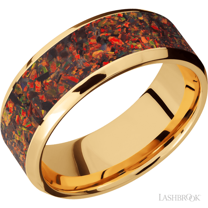 8 mm wide/Beveled/14K Yellow Gold band with one 6 mm Centered inlay of Red Opal.