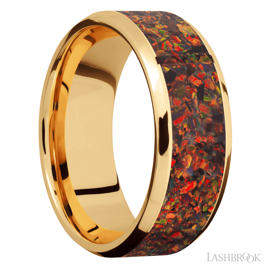 8 mm wide/Beveled/14K Yellow Gold band with one 6 mm Centered inlay of Red Opal.