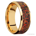8 mm wide/Beveled/14K Yellow Gold band with one 6 mm Centered inlay of Red Opal.