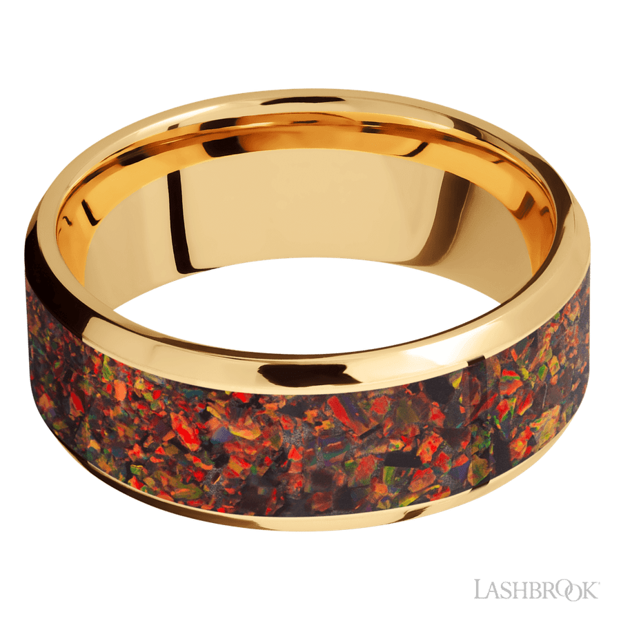 8 mm wide/Beveled/14K Yellow Gold band with one 6 mm Centered inlay of Red Opal.