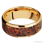 8 mm wide/Beveled/14K Yellow Gold band with one 6 mm Centered inlay of Red Opal.