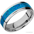 7 mm wide/Flat Grooved Edges/Cobalt Chrome band with one 4 mm Centered inlay of Blue Opal.