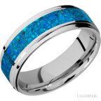 7 mm wide/Flat Grooved Edges/Cobalt Chrome band with one 4 mm Centered inlay of Blue Opal.