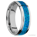 7 mm wide/Flat Grooved Edges/Cobalt Chrome band with one 4 mm Centered inlay of Blue Opal.