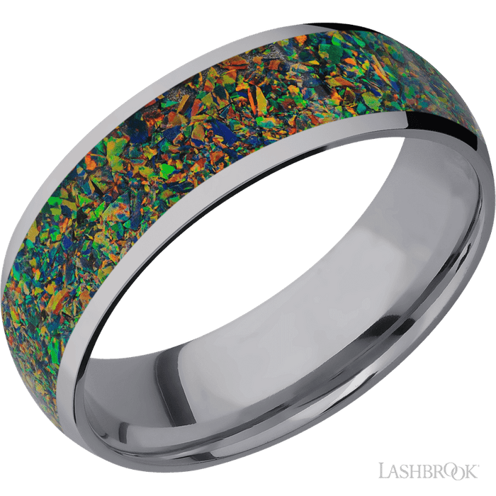 7 mm wide/Domed/Tantalum band with one 5 mm Centered inlay of Black Opal.