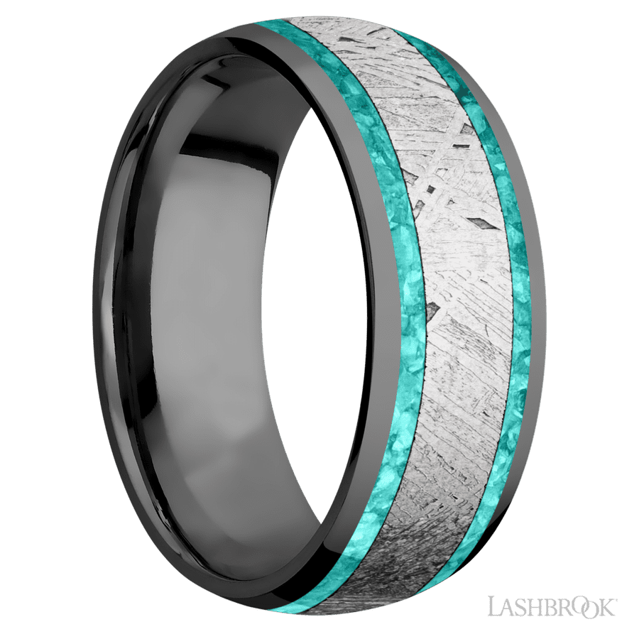 8 mm wide/Domed/Zirconium band featuring inlays of Teal Opal and Meteorite.