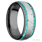 8 mm wide/Domed/Zirconium band featuring inlays of Teal Opal and Meteorite.