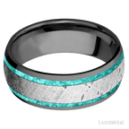 8 mm wide/Domed/Zirconium band featuring inlays of Teal Opal and Meteorite.