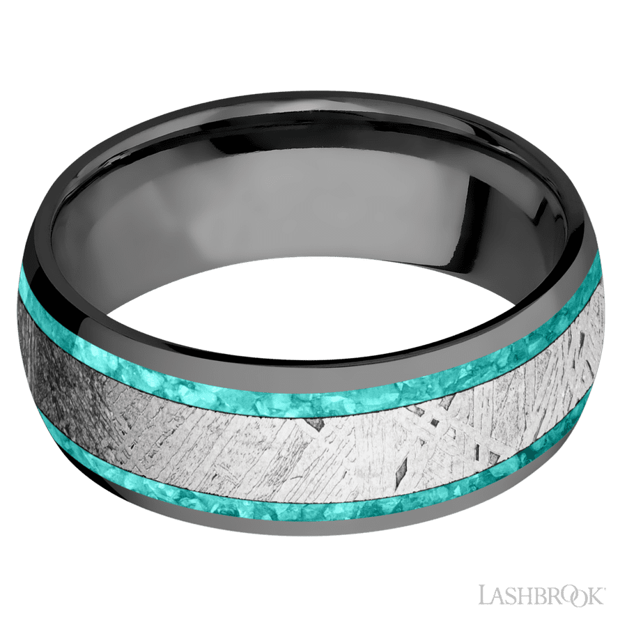 8 mm wide/Domed/Zirconium band featuring inlays of Teal Opal and Meteorite.